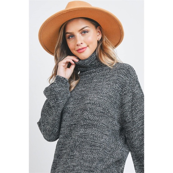 TURTLENECK MELANGE BALLOON SLEEVE SWEATER- BLACK - Picture 3 of 9